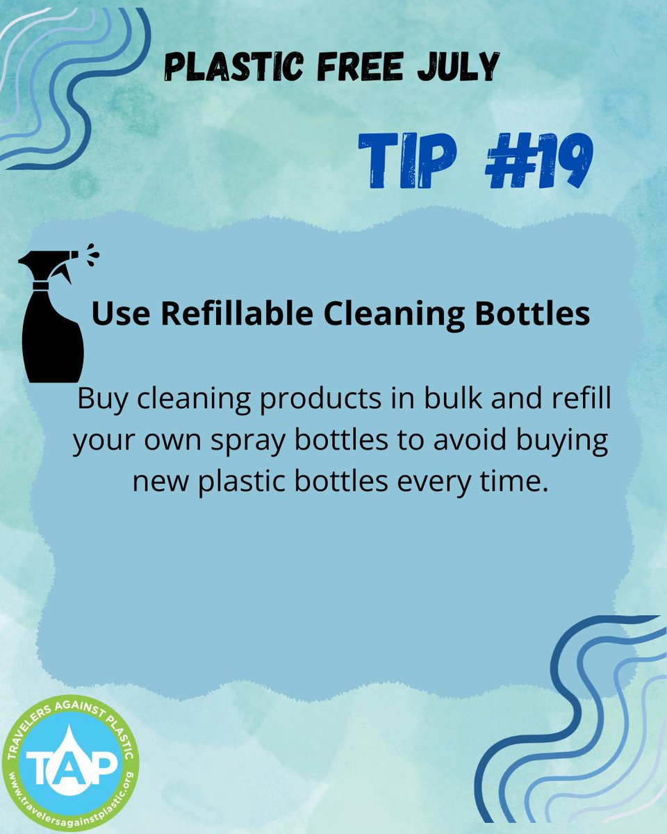 TAPcampaign's tweet image. Use Refillable Cleaning Bottles
Buy cleaning products in bulk and refill your own spray bottles to avoid buying new plastic bottles every time.
#plasticfreejuly