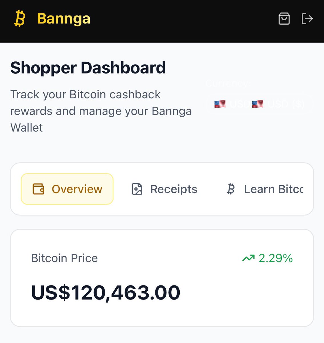 Checking the price of BTC on Bannga's shopper dashboard.