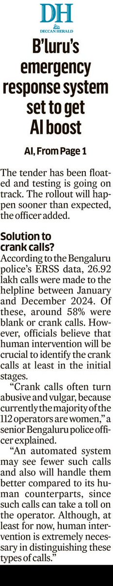 prajwaldza's tweet image. #Bengaluru police are on track to integrate Artificial Intelligence (AI) model into their 112 Emergency Response Support System (ERSS), with testing yielding promising results, multiple sources aware of the development have confirmed to me.
Read more at: deccanherald.com/india/karnatak…