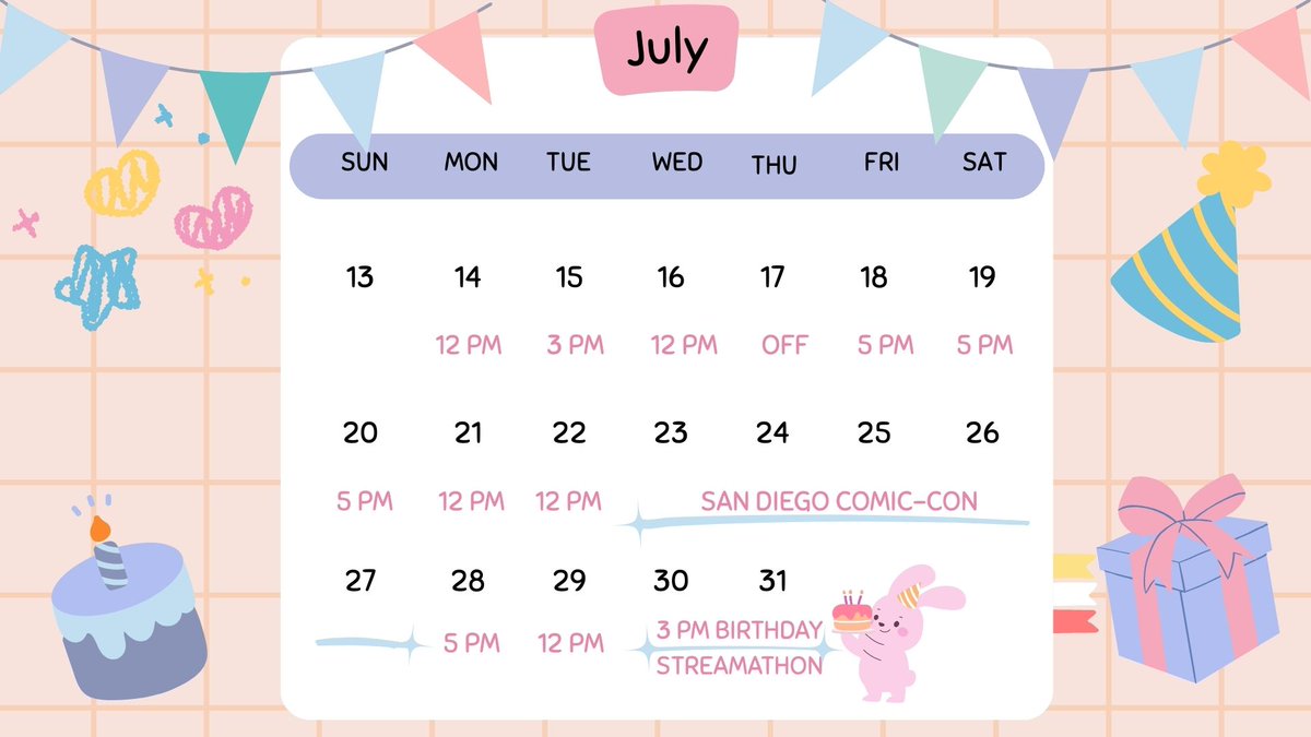 ParallaxStella's tweet image. The rest of July is going to be a busy one but I mapped out a general stream schedule - all times are in Pacific Time.
(Also I'll be at SDCC!)
We'll be ending the month with my first ever streamathon for my birthday on the 30th! 🥰
twitch.tv/parallaxstella