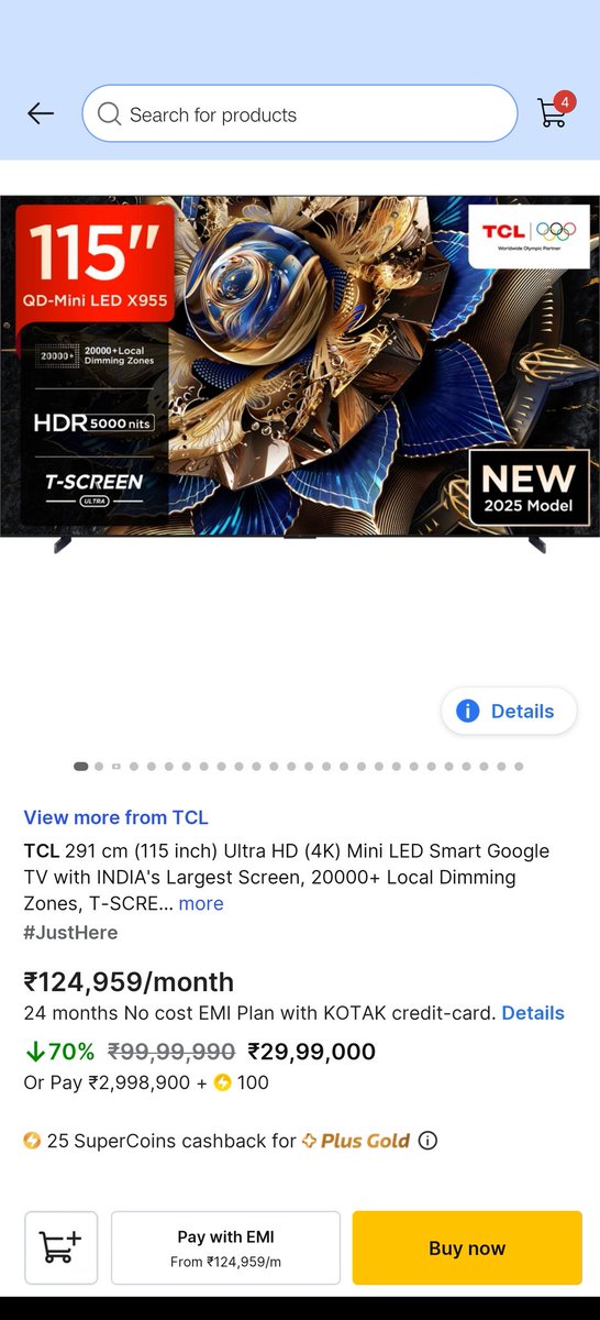 iamEnvvy's tweet photo. **"📺 TV ka price dekho zara...
MRP – ₹99,99,990 😵
Discount mila 70%, matlab 'sirf' ₹29,99,000
Aur agar KOTAK card hai toh aur ₹2,10,000 off –
Toh bhai TV ₹27,89,000 ka mil raha hai!

Ab poora family milke TV nahi, TV loan ka prasad chadhayegi 😂 https://t.co/YQmfEHoc8u