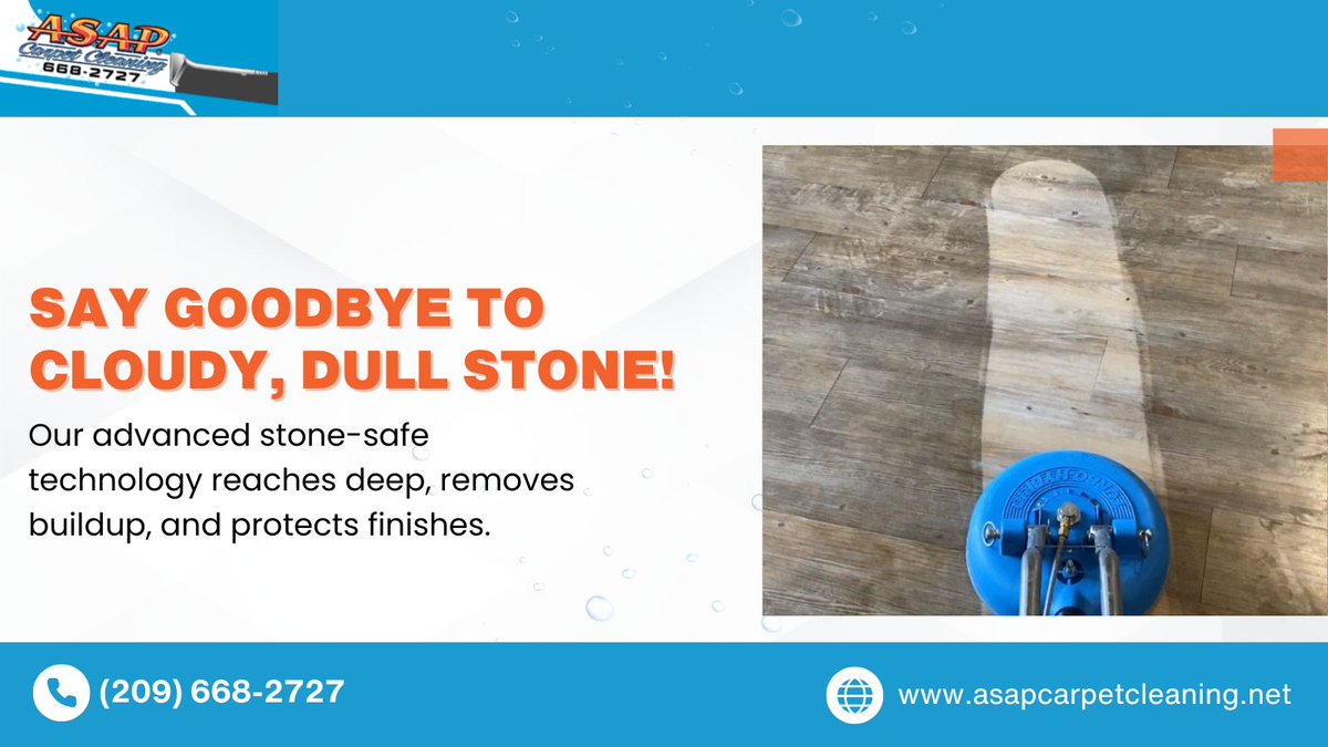 Dull stone floors?

We revive your stone's natural beauty with our expert cleaning techniques for stunning results! 🧼✨

Reach out for expert service!

📞 (209) 668-2727
🌐 asapcarpetcleaning.net/natural-stone-…

#ASAPCarpetCleaning #StoneCareExperts #SmoothFloors