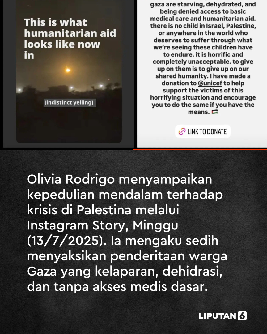 liputan6dotcom's tweet photo. Penyanyi Olivia Rodrigo baru-baru ini menyampaikan rasa pilunya atas situasi yang terjadi di Palestina. Ungkapan ini ia sampaikan melalui unggahan di Instagram Story miliknya pada Minggu (13/7/2025).
#liputan6dotcom #lip6van #berita #oliviarodrigo https://t.co/YQmO9Mj76k