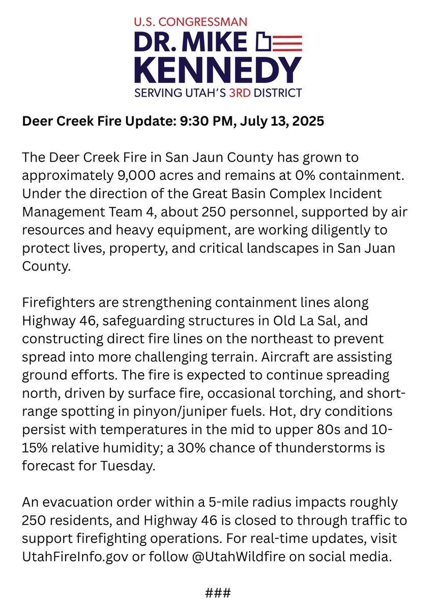 RepMikeKennedy's tweet image. For real-time updates on the Deer Creek Fire in San Juan County, visit UtahFirelnfo.gov or follow @UtahWildfire on social media.