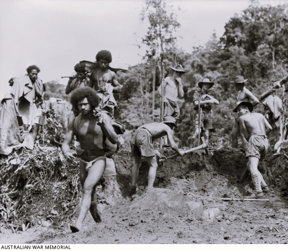 DWB55's tweet image. July 14 1943, New Guinea:
Sturdy carriers of the Mekeo people continue their work bringing key supplies forward as engineers of the 11th Australian Infantry Division use hand tools to laboriously carve a road through humid jungle from Bulldog outpost through the mountains to Wau.