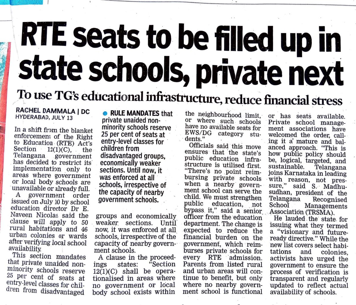 A very important news with regard to Right to Education (RTE), All private schools should implement RTE in Telangana.
