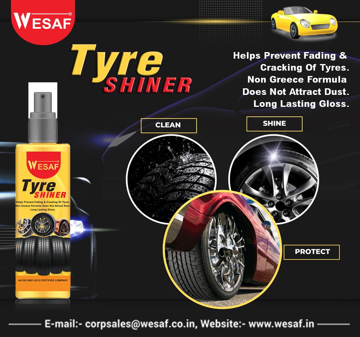 ZenithSprayy's tweet image. Shine That Lasts, Protection That Matters
Why let your tyres fade when WESAF Tyre Shiner can keep them looking new?
✅Non-Greasy, Dust-Free Formula
✅Long-Lasting Gloss &amp;amp; Protection
📧corpsales@wesaf.co.in
🌐wesaf.in
#TyreShinerIndia #WESAFCare #AutoCareSolutions