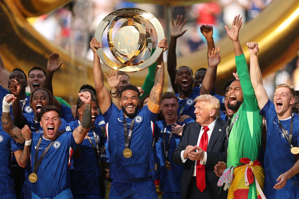 Trump refused to leave even after they were practically pushing him away so Chelsea photoshopped him out of their official trophy raising photo. Good move.