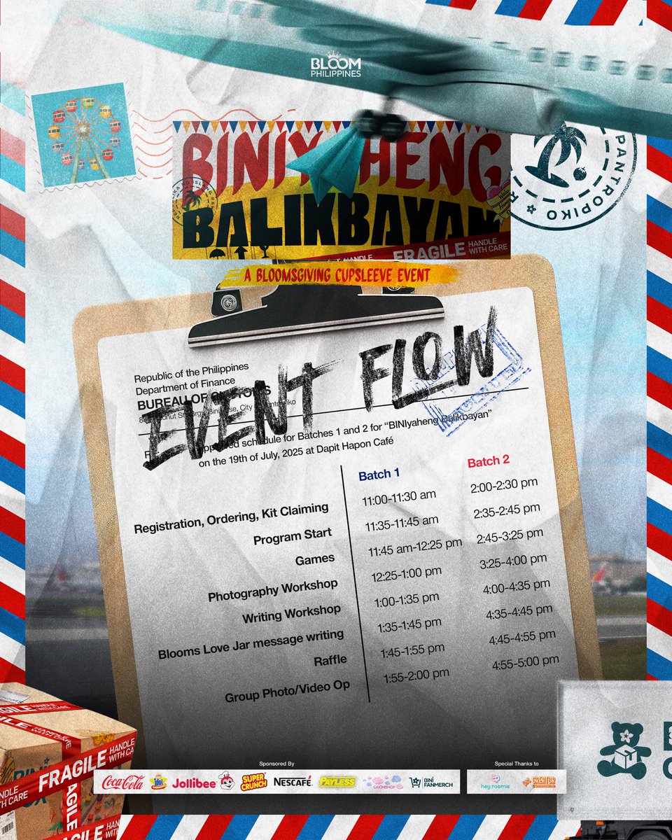 Hi Blooms! 🌸

Here’s your guide for BINIYAHENG BALIKBAYAN happening on July 19!
Check your batch schedule and follow the stations for a smooth event experience.✈️

📌 Station Guide
📋 Event Flow for Batch 1 &amp; 2

Let’s celebrate the success of the BINIVerse World tour and our