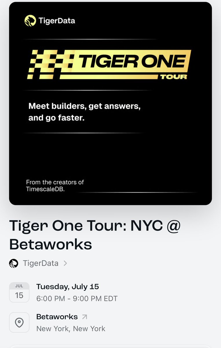 acoustik's tweet image. Speed wins. In record-setting time, the @TigerDatabase marketing team has pulled together an epic week in NYC:

This week in NYC:

1. TigerOne: NYC (Tuesday)

A two-hour developer meetup hosted by the creators of TimescaleDB. Join engineers from Replicated, MarketReader, and our…