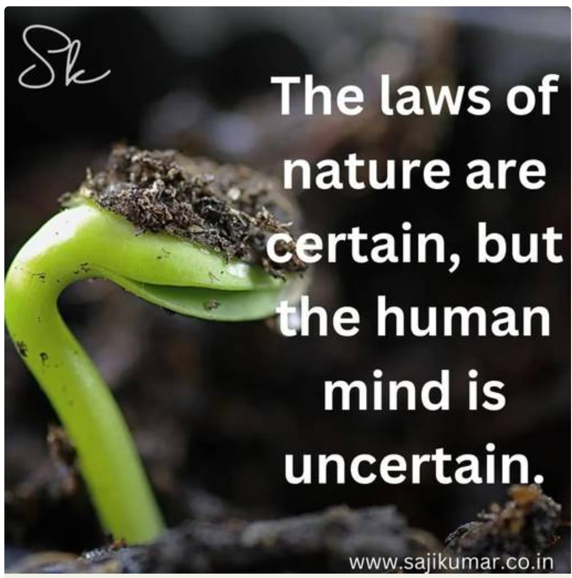 Skanauthor's tweet image. Nature doesn’t second-guess. It grows, flows, and evolves. 🌱
But the human mind? It doubts, hesitates, and wanders.
“The laws of nature are certain, but the human mind is uncertain.” — Sajikumar
Website link: sajikumar.co.in
#NatureVsMind #SajikumarQuotes #SKSpeaks