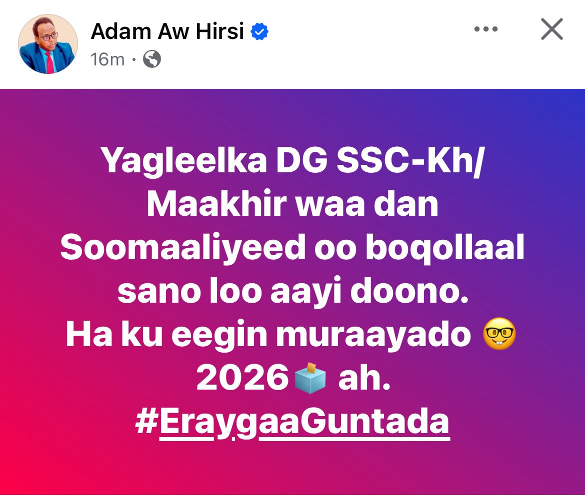 maxamuudsalaad4's tweet image. Wasiir @AwHirsiSO warku intaas kudhan yahay ayaan filayaa
@Salman_afgub @faisals53034542 @faisals53034542 @faisalroble19 @omar_sollas @AliSamattar @dunia_work @YassSomali @said_khayr