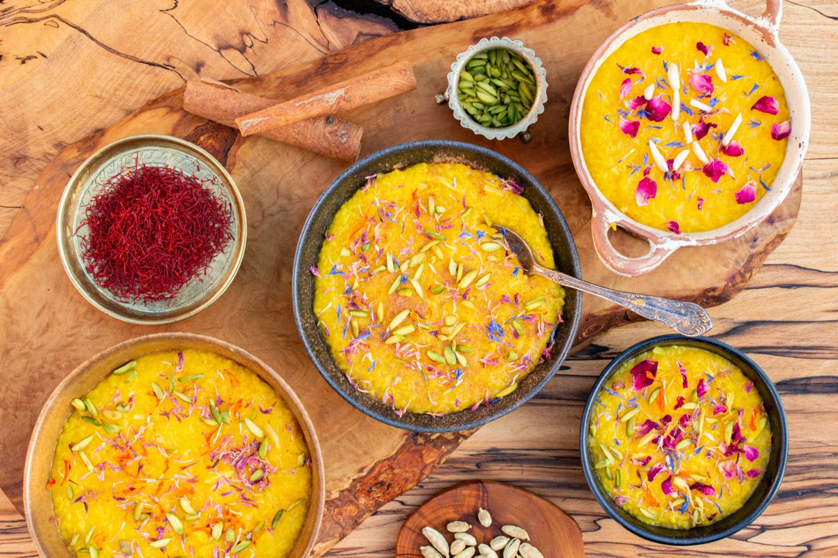 VisitIran3's tweet image. Saffron Rice Pudding (Sholeh Zard)
To prepare this #Iranian food, short-grain rice is cooked with water until soft and tender, creating a luscious base for the pudding. Then, sugar is added, along with fragrant saffron threads.
شله زرد