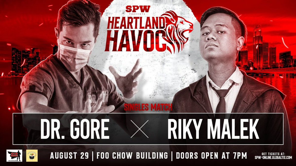 SgProWrestling's tweet image. ⚠️ SPW HEARTLAND HAVOC MATCH ANNOUNCEMENT
Singles Match
Dr Gore vs Riky Malek
📅 29 August 2025 | 7PM
📍 21 Tyrwhitt Road, Foo Chow Building
