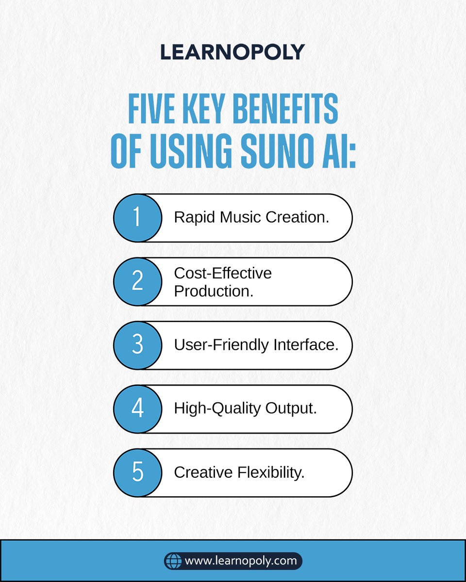 Learnopoly_'s tweet photo. 🎶 FIVE KEY BENEFITS OF USING SUNO AI 🎶

Whether you're a beginner or a pro, Suno AI makes music production smoother, faster, and more fun. 🎧✨

Explore more: https://t.co/eB9rm0bHSn

#SunoAI #AIForMusic #MusicTech #MusicProduction #LearnWithAI #CreateWithAI #AIComposer https://t.co/2V7a9iCdhe