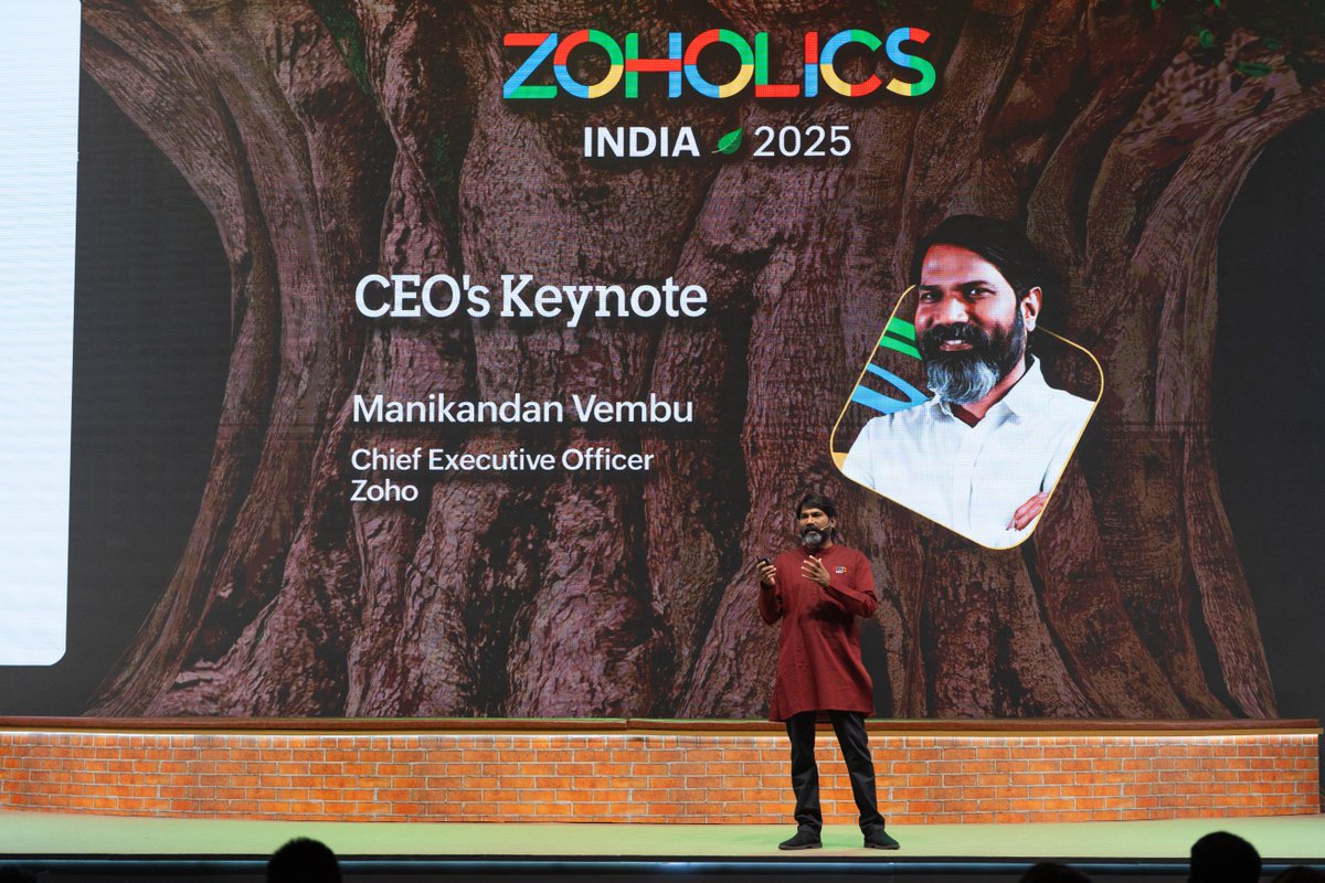 Zoholics's tweet image. Our CEO, Manikandan Vembu, takes the stage at #ZoholicsIndia25 to kick off the day with an inspiring keynote!
He spoke about our mission of empowering millions of businesses to find and manage customers, collaborate with employees, and run their operations effortlessly.