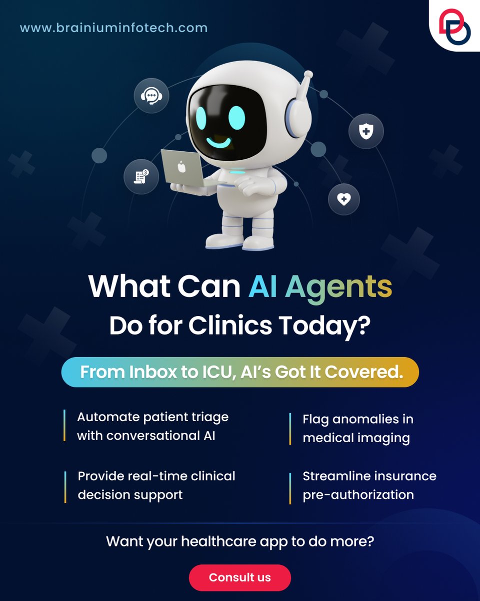 BrainiumIT's tweet image. Your clinic deserves more than outdated workflows and burnout.
From triaging patients via chat to flagging medical anomalies in real-time, AI agents are stepping up.
Let’s build something intelligent together. Get in touch.
#Brainium #IdeateImplementSucceed #GenAI #HealthTech