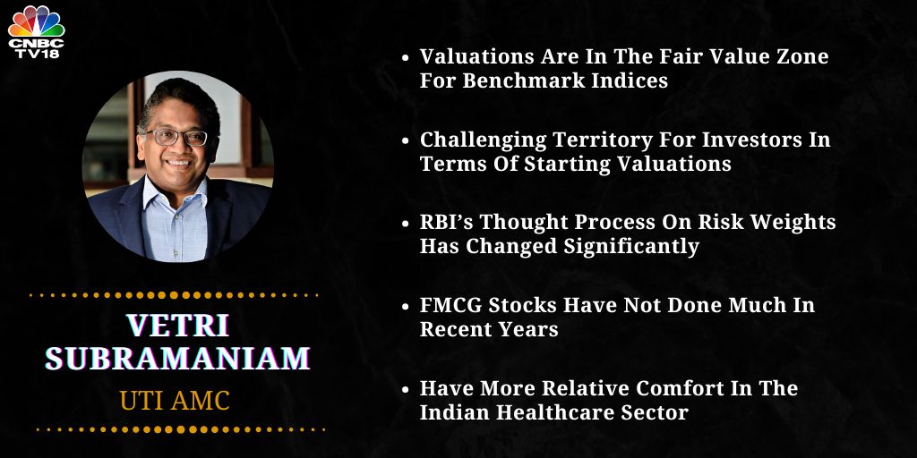 CNBCTV18Live's tweet image. #OnCNBCTV18 | Valuations are in the fair value zone for benchmark indices. Earnings trendline for financial stocks will be higher as #RBI is now supportive of growth

Have more relative comfort in the Indian healthcare sector, says Vetri Subramaniam of #UTIAMC to CNBC-TV18