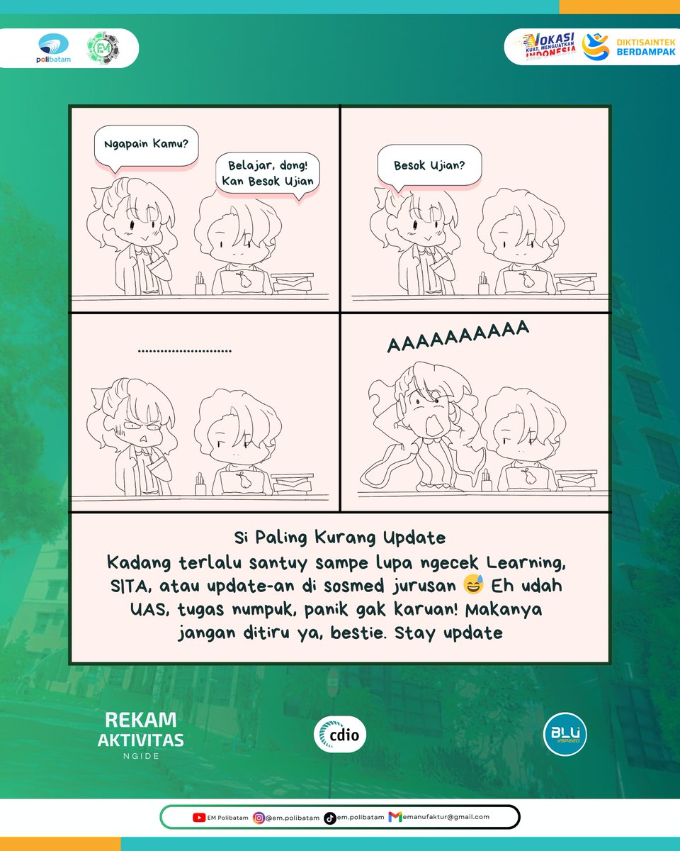 EmPolibatam's tweet photo. 📢 PART 1 = TIPE-TIPE MAHASISWA SEBELUM UAS 😭📚
Dari yang belajar jauh-jauh hari sebelum UAS, sampai yang baru buka buku H-3 jam 💀 Ada juga yang udah pasrah sama takdir 😭🙏

Kamu tim mana nih?

#em #polibatam #empolibatam https://t.co/S77DujHisV