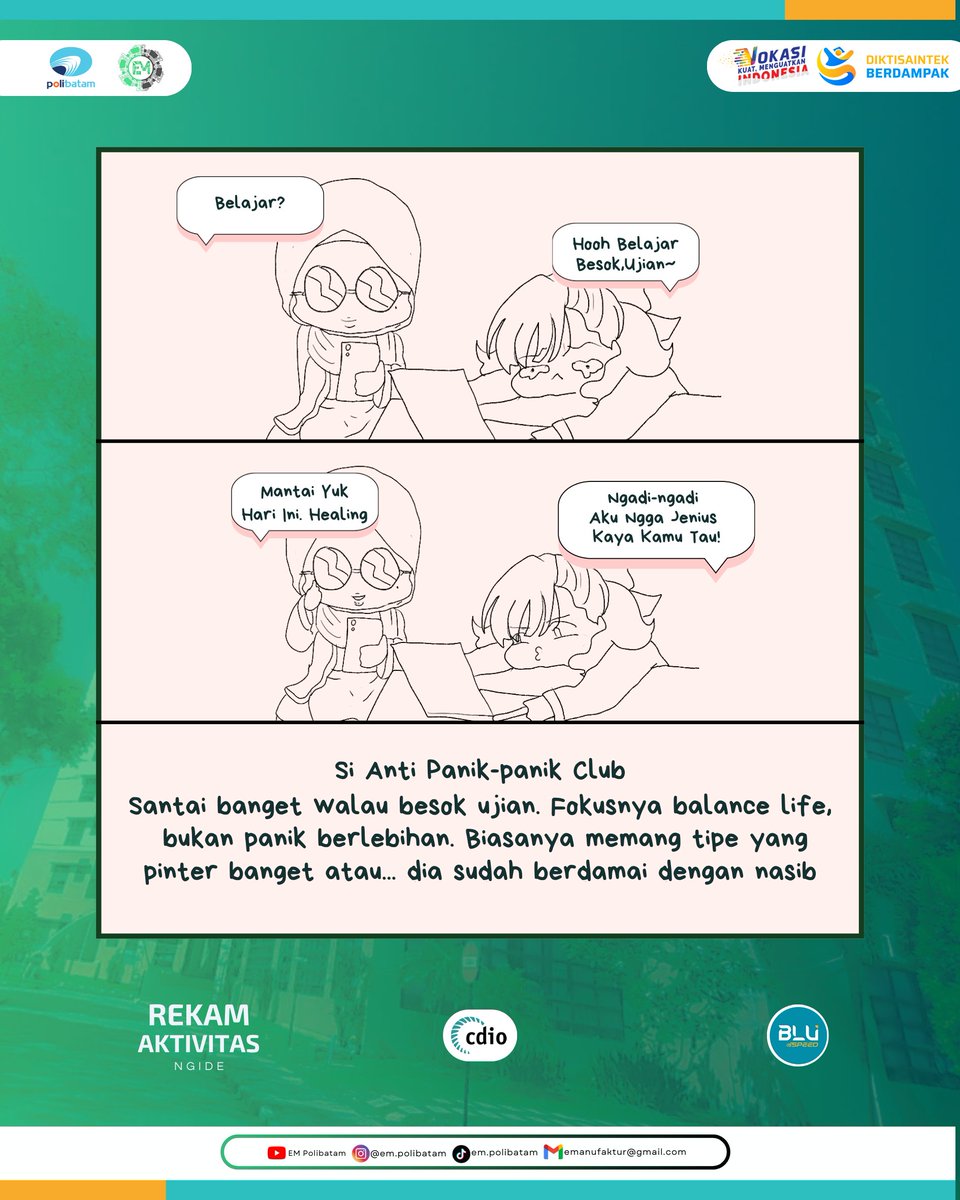 EmPolibatam's tweet photo. 📢 PART 2 = TIPE-TIPE MAHASISWA SEBELUM UAS 😭📚
Dari yang belajar jauh-jauh hari sebelum UAS, sampai yang baru buka buku H-3 jam 💀 Ada juga yang udah pasrah sama takdir 😭🙏

Kamu tim mana nih?

#em #polibatam #empolibatam https://t.co/hjmXaqjrz8