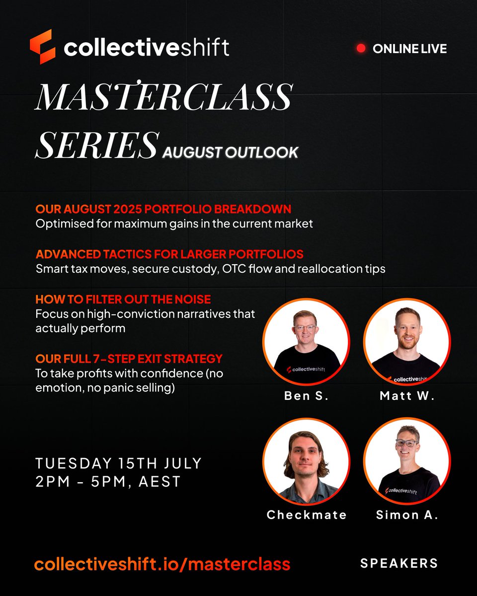 Live August Crypto Investment Outlook Masterclass is tomorrow!

If you’re serious about positioning for the second half of this bull market, this is it.

Bitcoin just hit ATH.
Altcoins are moving.
Smart investors are making bold, informed plays.

Join me live for the Crypto