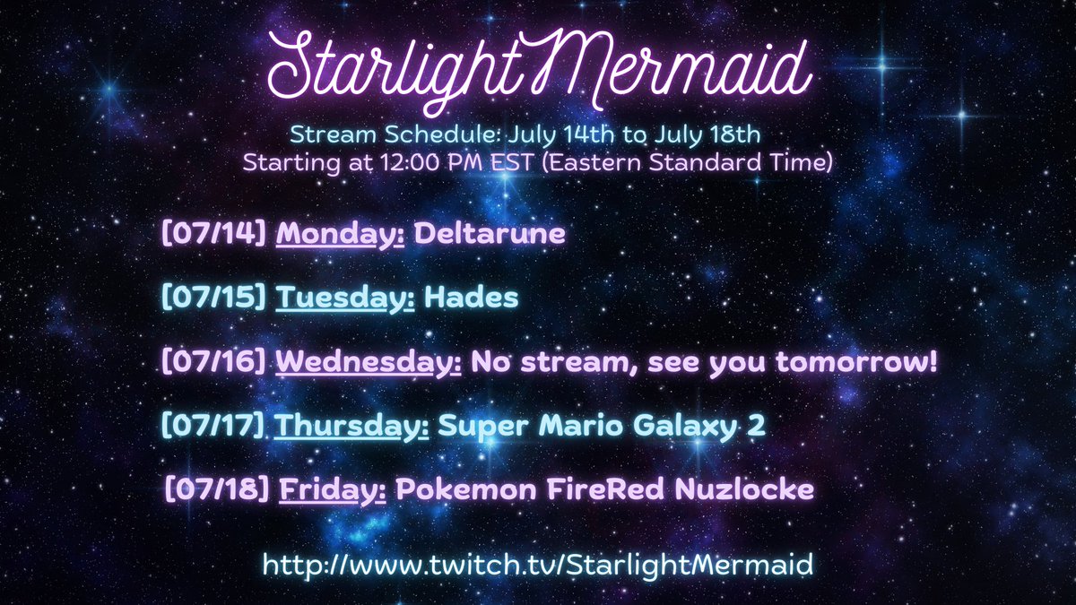 StrlightMermaid's tweet image. ☆ Stream Schedule: 07/14 - 07/18 ☆
It's been a while since I streamed and even longer since I posted a schedule but I feel ready to come back so here's the schedule for this week! I'm gonna do my best to stick to these days, thank you guys for your patience while I was gone 🫶