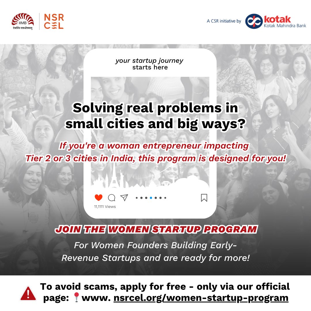 nsrcel's tweet image. 🚨 Deadline Extended!

Are you a woman founder from a Tier 2 or 3 city, building a startup with early traction?

#India #WomenStartupProgram #StartupsOfNSRCEL
#NSRCEL #StartupIndia #KotakMahindraBank #Entrepreneurship
#Founders #WomenEntrepreneurs #Revenue #ScaleUp
