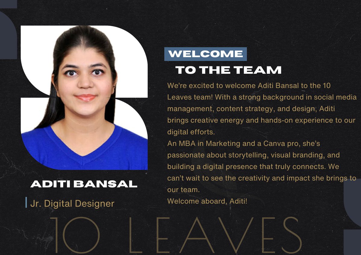 connectleaves's tweet image. Say hello to the newest member of our 10 Leaves family – Aditi Bansal !

She’s joined us as a Jr. Digital Designer, bringing in her creativity, design skills, and fresh perspective.

We’re excited to have you on board, Aditi!

#10Leaves  #teammember #newemployee #digitaldesign