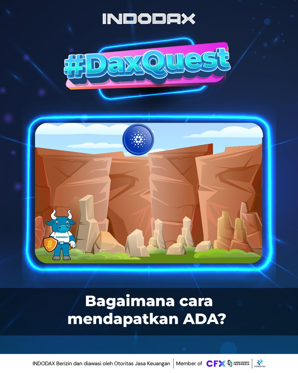 indodax's tweet photo. Yuk ikutan #DaxQuest! Ada hadiah Rp9,2 juta dalam bentuk BTC, XRP, ADA, SOL, atau ETH untuk 46 pemenang!

Cukup jawab di kolom komentar, bagaimana caranya mengambil koin ADA di tebing yang curam?

Ikuti syarat ketentuan lainnya juga ya😉

#INDODAX #AsetMasaDepan https://t.co/ah3XaOeCSE
