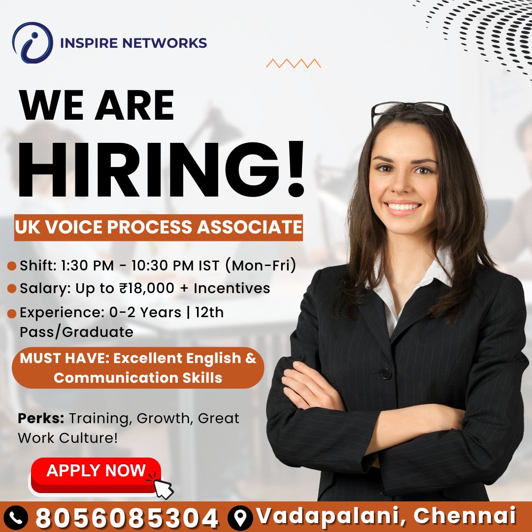 inspireoffical_'s tweet photo. 🚨 We’re Hiring!

 UK Voice Process Associate – Chennai (Vadapalani)
🕒 Shift: 1:30 PM–10:30 PM
💸 ₹18,000 + Incentives
🎓 12th Pass/Graduates
💬 Fluent English a must!
📞 8056085304 | APPLY NOW!

#ChennaiJobs #BPOJobs #UKProcess #HiringNow #FreshersJobs #VoiceProcess https://t.co/j2YXsPIdtW