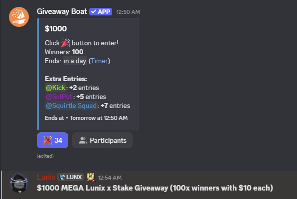 $1,000 - 100 Winners Lunix x Stake Giveaway 

Join here: discord.gg/lunix  

Offering a 10% deposit bonus &amp; if you deposit $20 on my code I tip you free $20 for first deposit

signup here: stake.com/?offer=lunix&c…

1 SOL Giveaway:

- RT
- Drop SOL Wallet
- Follow with 🔔
