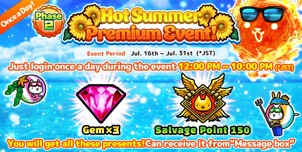 CatsCommander's tweet photo. The 2nd Hot Summer Premium Event has begun♪
From 7/16 to 7/31! Just log in at the designated time each day to receive luxurious items! And starting from 8/1, the 3rd round with updated rewards will begin! Don’t forget to claim them♪
#CatsTheCommander #LoginBonus #HotSummer https://t.co/9FhX0u6CXY