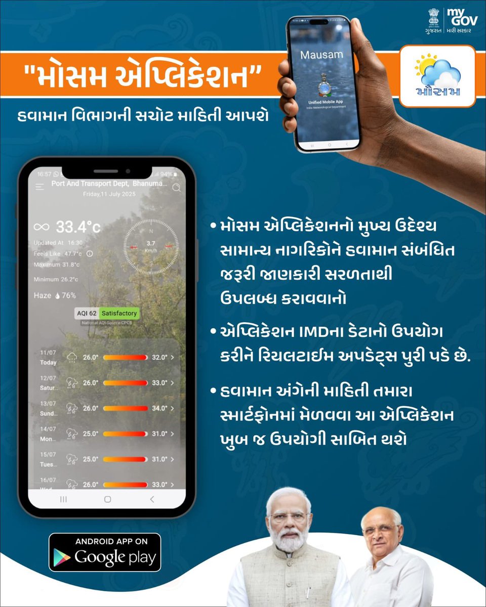 હવામાન વિભાગની સચોટ માહિતી આપશે "મોસમ એપ્લિકેશન"
#Mausam #IMDIndia
<a href="/CMOGuj/">CMO Gujarat</a>