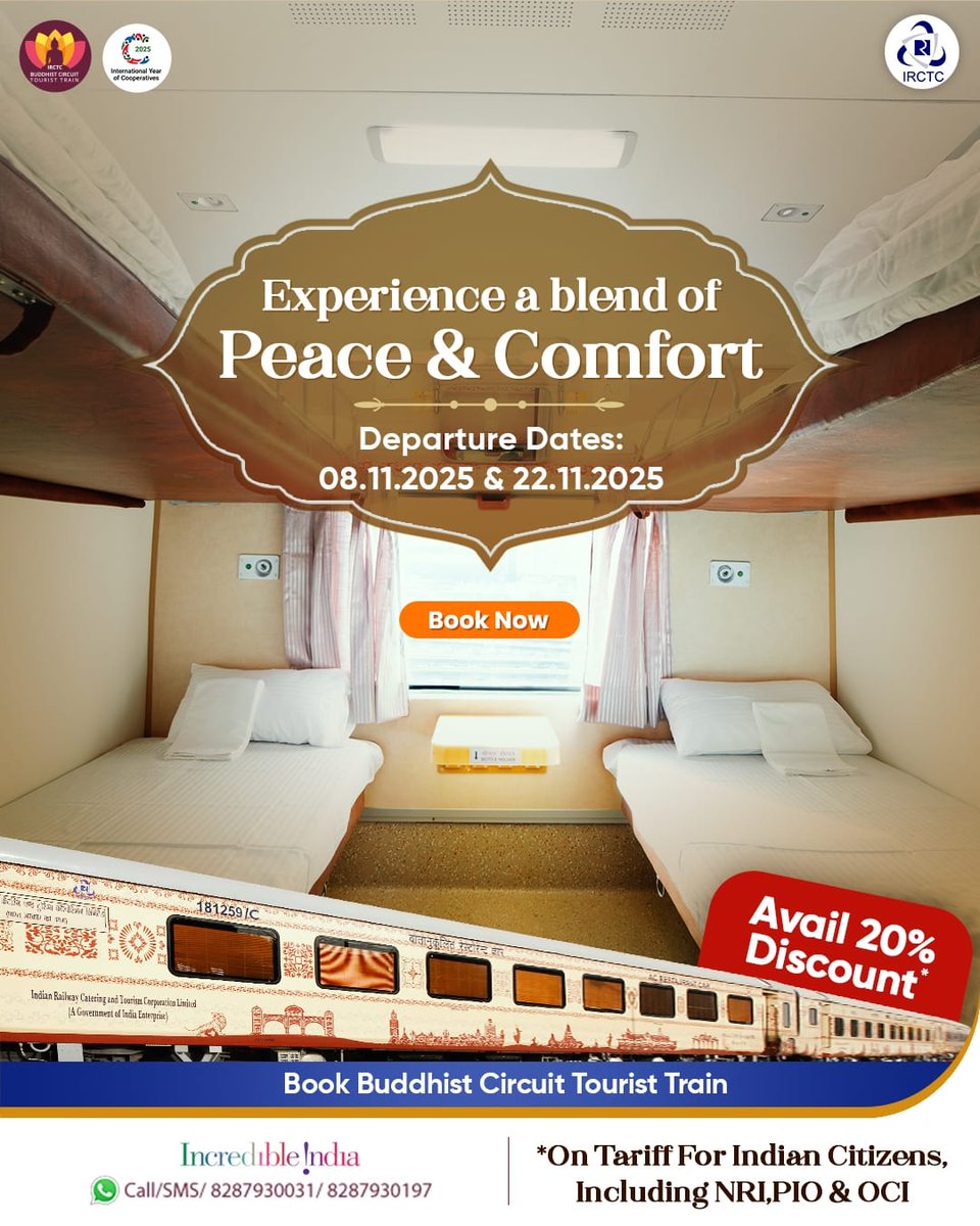 Experience a journey filled with comfort and bliss aboard the #BuddhistCircuitTouristTrain. Book today and avail a 20% discount on the tariff for Indian Citizens, including NRI, PIO &amp; OCI. 

Departure dates: 08.11.2025 and 22.11.2025. 
For more information, visit LINK IN THE BIO.