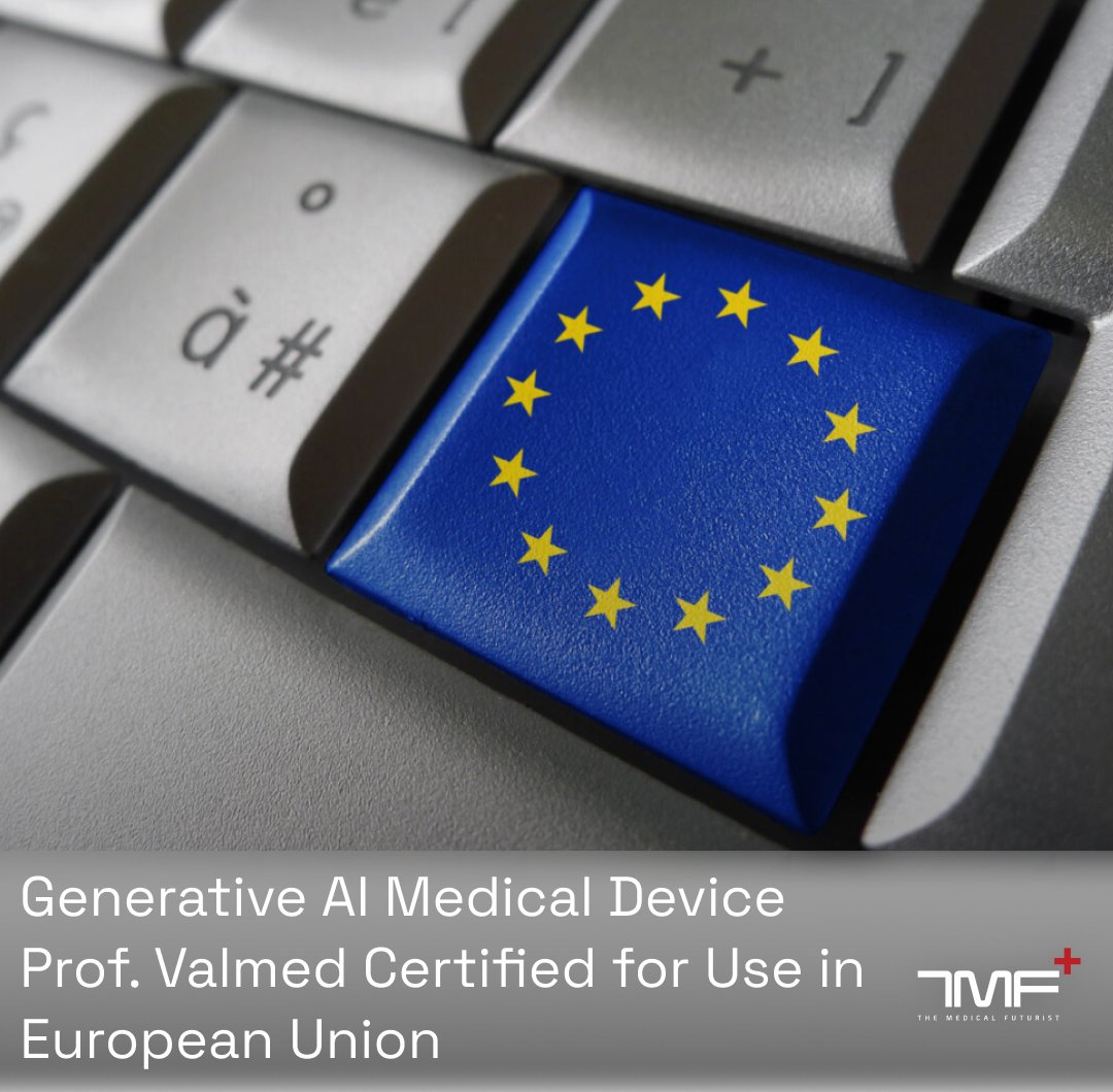 Berci's tweet image. A generative AI-powered medical device, known as “Prof. Valmed,” has received certification for use in the European Union!
"𝑃𝑟𝑜𝑓. 𝑉𝑎𝑙𝑚𝑒𝑑", 𝑎𝑛 𝐴𝐼-𝑠𝑢𝑝𝑝𝑜𝑟𝑡𝑒𝑑 𝑐ℎ𝑎𝑡𝑏𝑜𝑡 𝑓𝑜𝑟 𝑡ℎ𝑒 𝑚𝑒𝑑𝑖𝑐𝑎𝑙 𝑠𝑒𝑐𝑡𝑜𝑟, 𝑖𝑠 𝑡ℎ𝑒 𝑓𝑖𝑟𝑠𝑡 𝑐𝑙𝑎𝑠𝑠 𝐼𝐼𝑏…