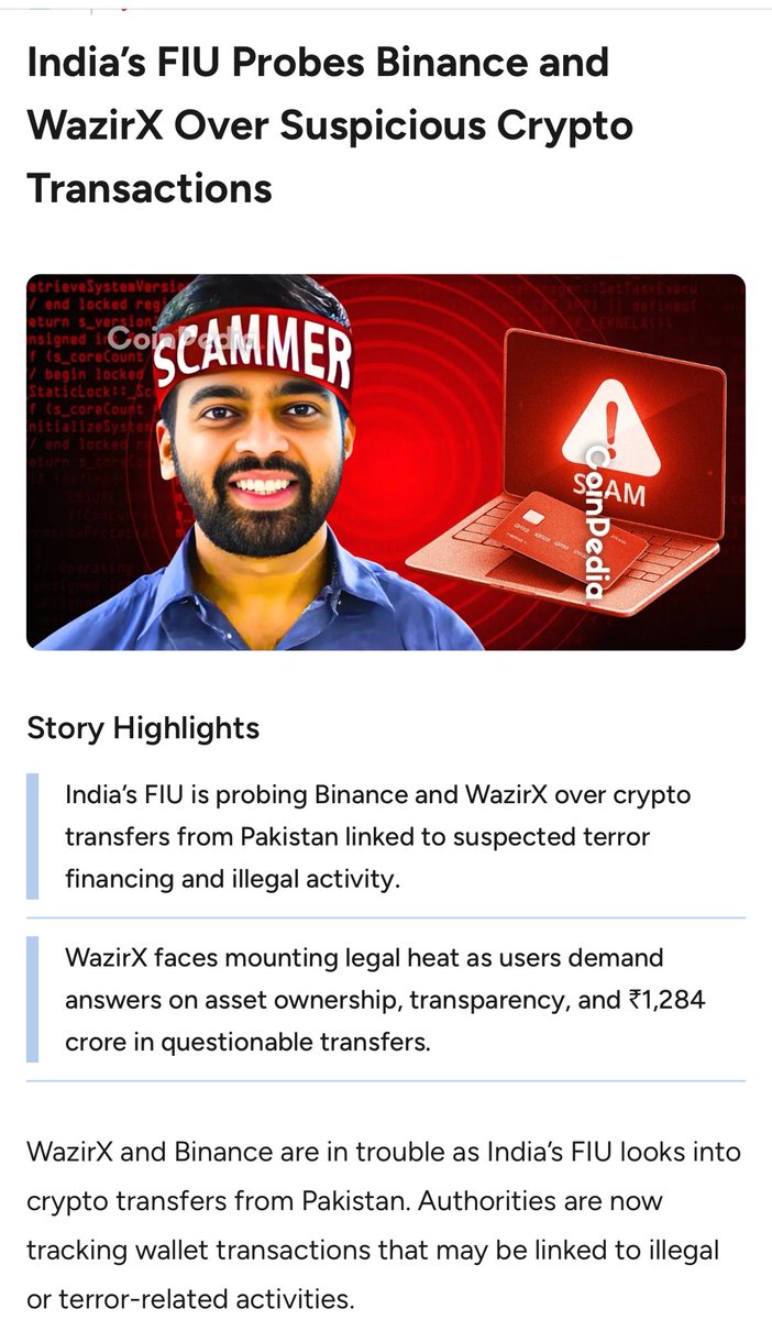 🚨India’s FIU Probes Binance and #WazirX Over Suspicious Crypto Transactions

Ironically, this comes after WazirX issued a PR piece defending why its parent firm, Zettai, does not need FIU-IND registration. Now being investigated for cross border risks‼️

coinpedia.org/news/indias-fi…
