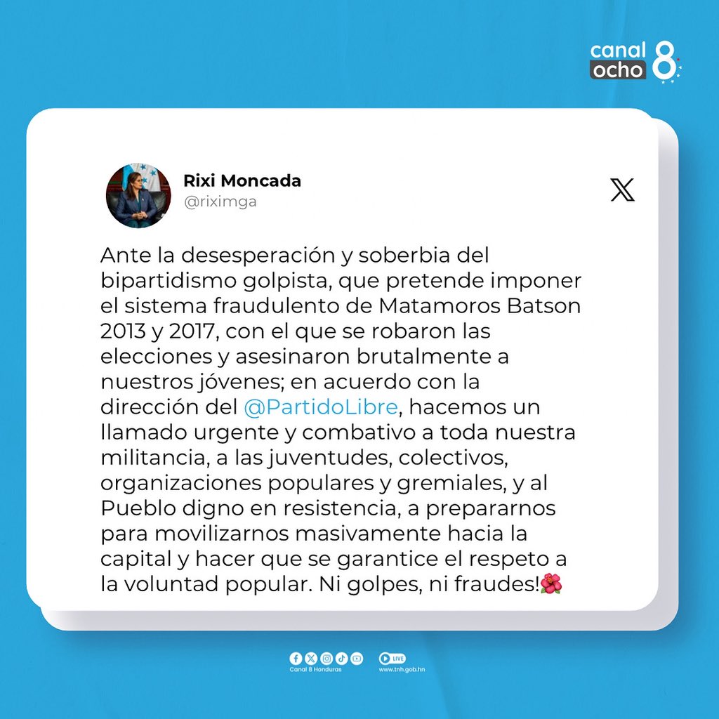 #Canal8 | 🔴📣 La candidata presidencial Rixi Moncada, alza su voz ante las intenciones del bipartidismo de imponer nuevamente un sistema electoral fraudulento.

⚠️ “Ni golpes, ni fraudes”, afirmó, haciendo un llamado urgente a la militancia, juventudes, colectivos y