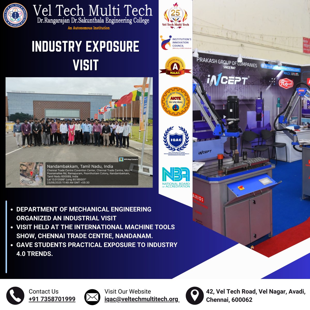 VelMultitech99's tweet image. Department Of MECH organized an industrial visit
to Indian Premier International Machine Tools Expo, Chennai Trade Centre, Nandanam.
Gave students practical exposure to Industry 4.0 trends.
.
.
.
.
.
.#veltechmultitech #vtmt #vel #tech #TechInnovations, #AITrends, #GadgetReviews