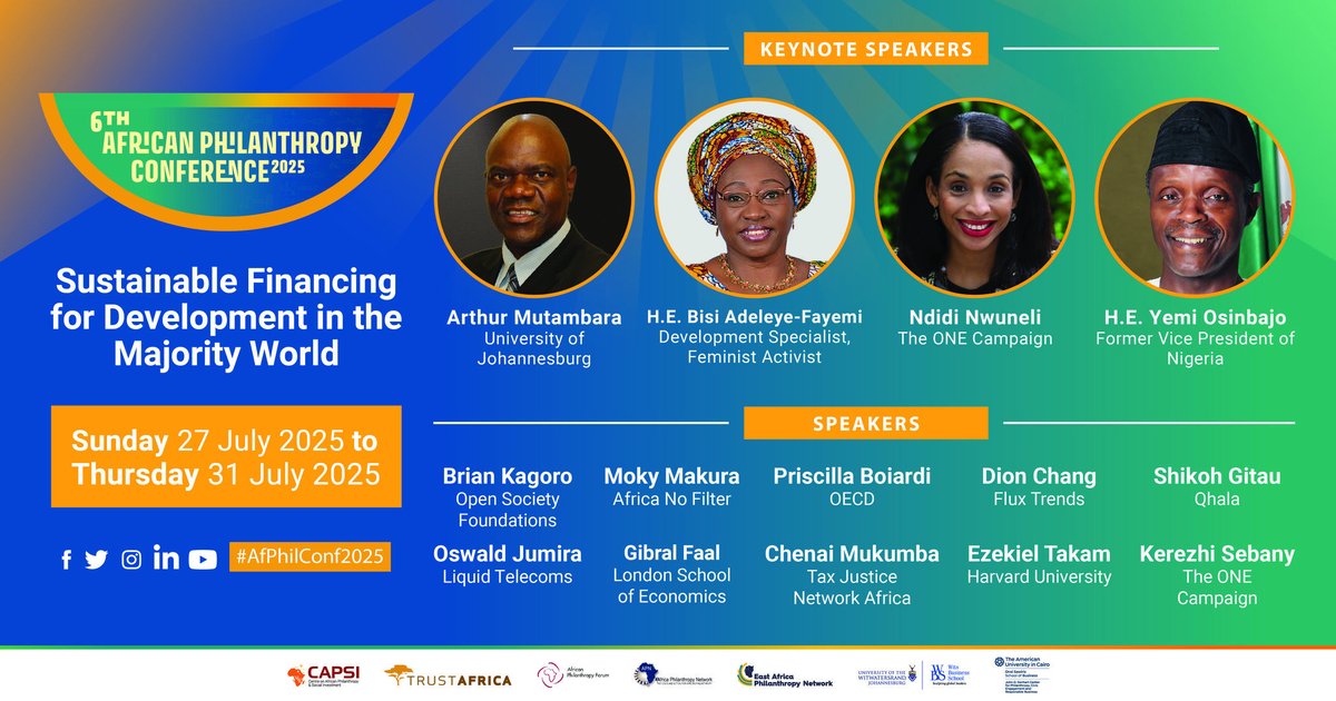 TrustAfrica's tweet image. 🚨 Speaker lineup alert!
Join us at the 6th African Philanthropy Conference in Cairo 🇪🇬 as we explore Sustainable Financing for Development in the Majority World.
Keynotes, plenaries & powerful dialogues await!
🔗 Register: lnkd.in/dwKrrJ2D
#6APC #AfricanPhilanthropy