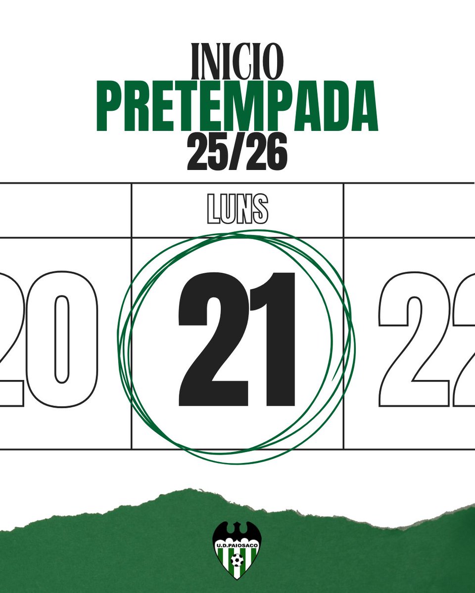 ℹ️INICIO PRETEMPADA 

📅 Luns 21 de xullo
🕣 20:30h
📍 Campo da Porta Santa

O vindeiro luns 21 ás 20:30h arranca a pretempada 25/26 no campo da Porta Santa 💚🤍

Anímate a vir coñecer as caras novas e apoiar aos que seguen loitando polo escudo! 💚

#UDPaiosaco #Pretempada2526