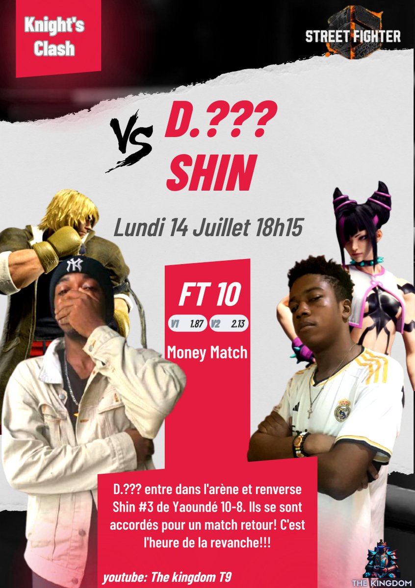 💰 MONEY MATCH – Knight’s Clash ⚔️
🔥 D.??? a créé la surprise en battant SHIN, top 3 de Yaoundé, sur un score de 10-8...
🎯 Match retour confirmé !
 Sur Street Fighter 6 dans un FT10 pour laver l'affront !
📺 youtube.com/@The_kingdom_T…
#StreetFighter6 #FGC #GamingCommunity #eSports