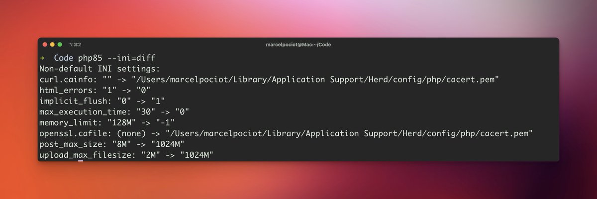 marcelpociot's tweet image. The new --ini=diff flags in PHP 8.5 are so useful! ❤️