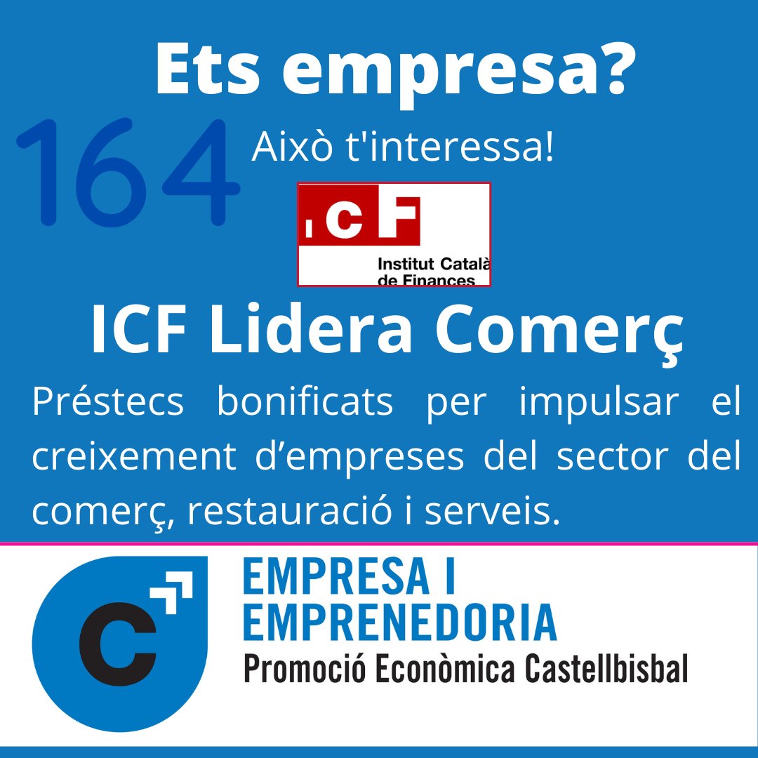 📣 L'<a href="/icfcat/">ICF</a> obre termini de sol·licitud a préstecs bonificats al sector del comerç, restauració i serveis amb un mínim de 4 anys de trajectòria.
💵 Entre 25.000 i 150.000 €
ℹ️ l1nq.com/presteclidera
💻 espaiclient.icf.cat/welcome
<a href="/CBComerc/">Castellbisbal Comerç</a> #comerç #pimes