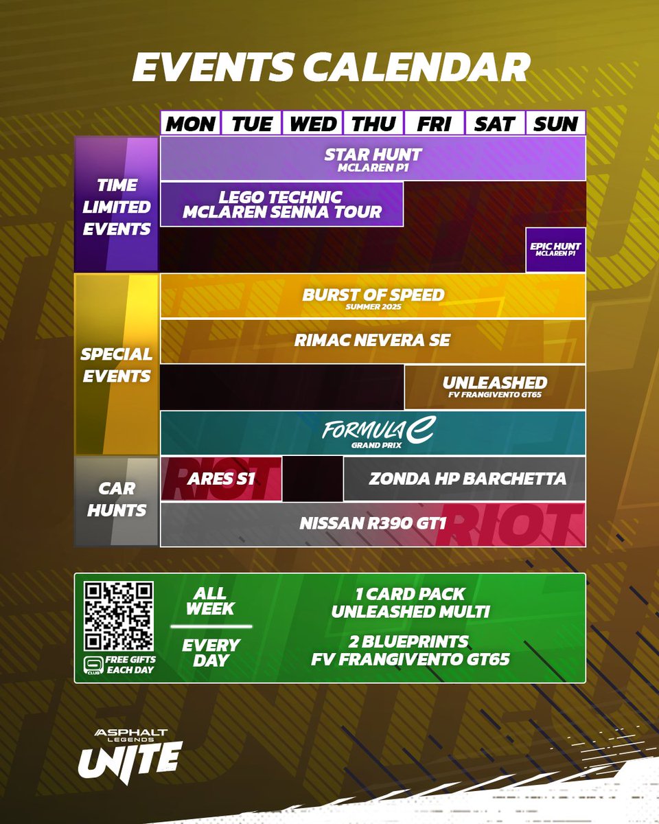 asphalt's tweet image. Legends! Here's your Event Calendar for the week! Definitely a packed week with various rewards and events, including an Unleashed SE later this week! 👀