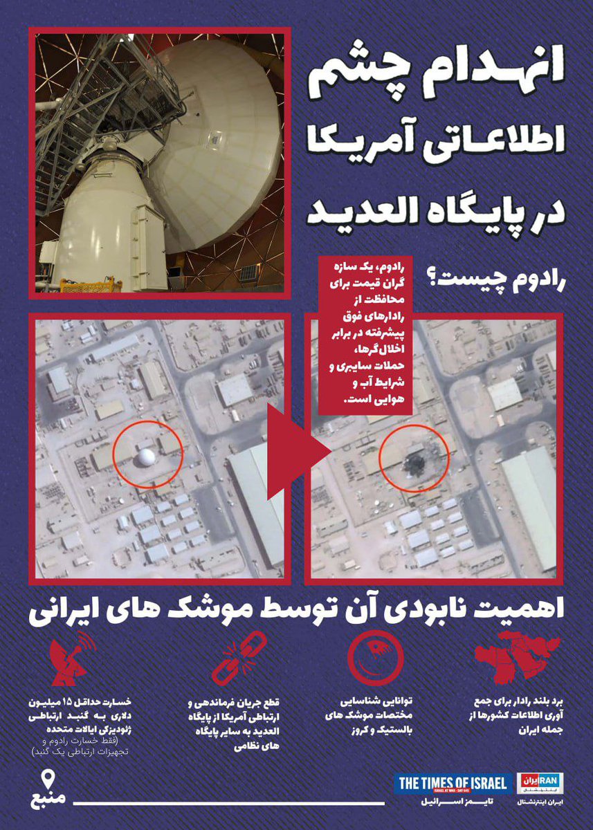 dm7302303798236's tweet image. یکی از بزرگترین دستاوردهای #ایران_قوی در #جنگی_که_بردیم انهدام چشم اطلاعاتی آمریکا در پایگاه العدید بود...