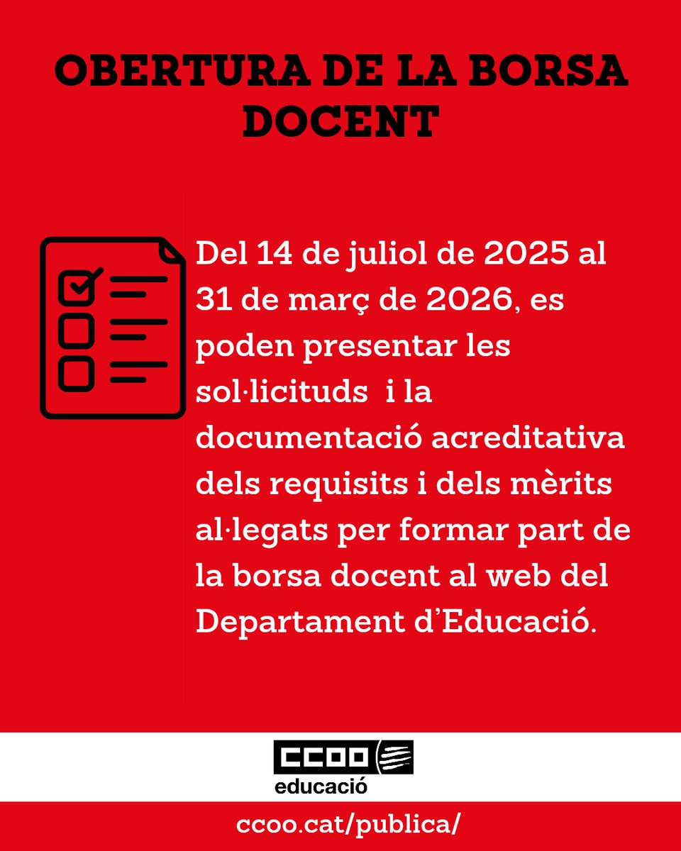 Obertura de la borsa docent

❗️ Del 14 de juliol de 2025 al 31 de març de 2026: presentació de sol·licituds