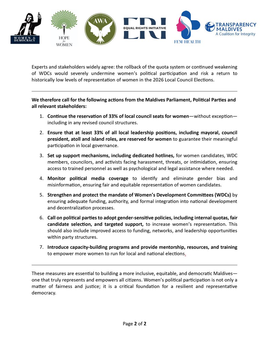 JOINT PRESS STATEMENT
Call for Safeguarding and Enhancing Women’s Representation in the 2026 Local Council Elections - by <a href="/wdmaldives/">Women & Democracy</a> <a href="/HopeforWomenmv/">Hope for Women</a> <a href="/AdduWomenA/">AWA (Addu Women's Association)</a> <a href="/ERI_Maldives/">Equal Rights Initiative</a> <a href="/myfemhealth/">FEM HEALTH</a> <a href="/TransparencyMV/">Transparency MV</a>
