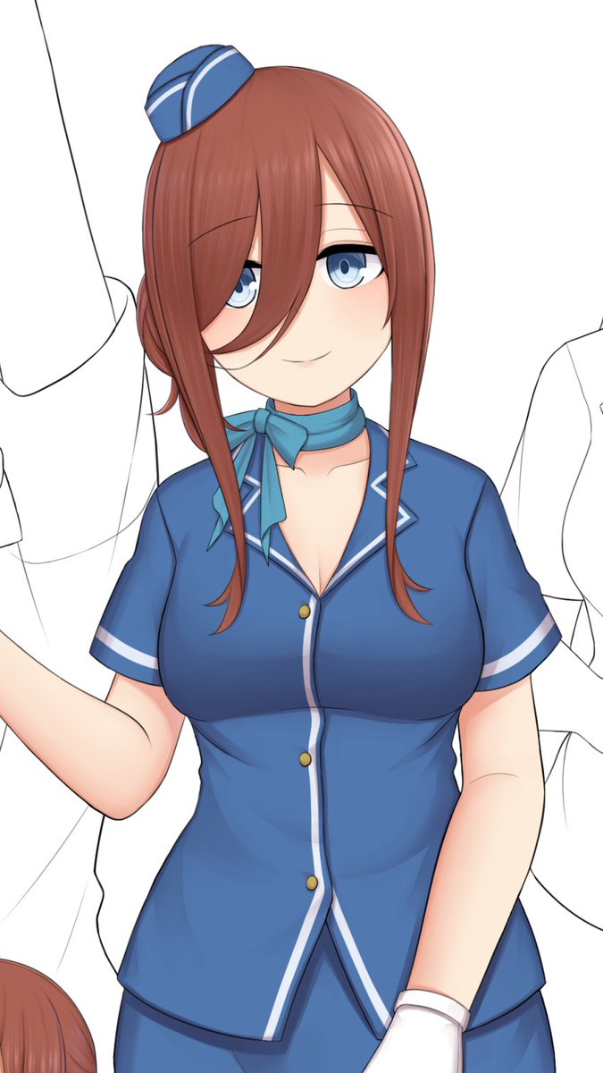 Atorie05's tweet image. (wip) これ描いてる。少し前にこのキャビンアテンダント三玖のアクスタを買ってきた。この格好やっぱり似合うね、可愛くて描かなきゃ！