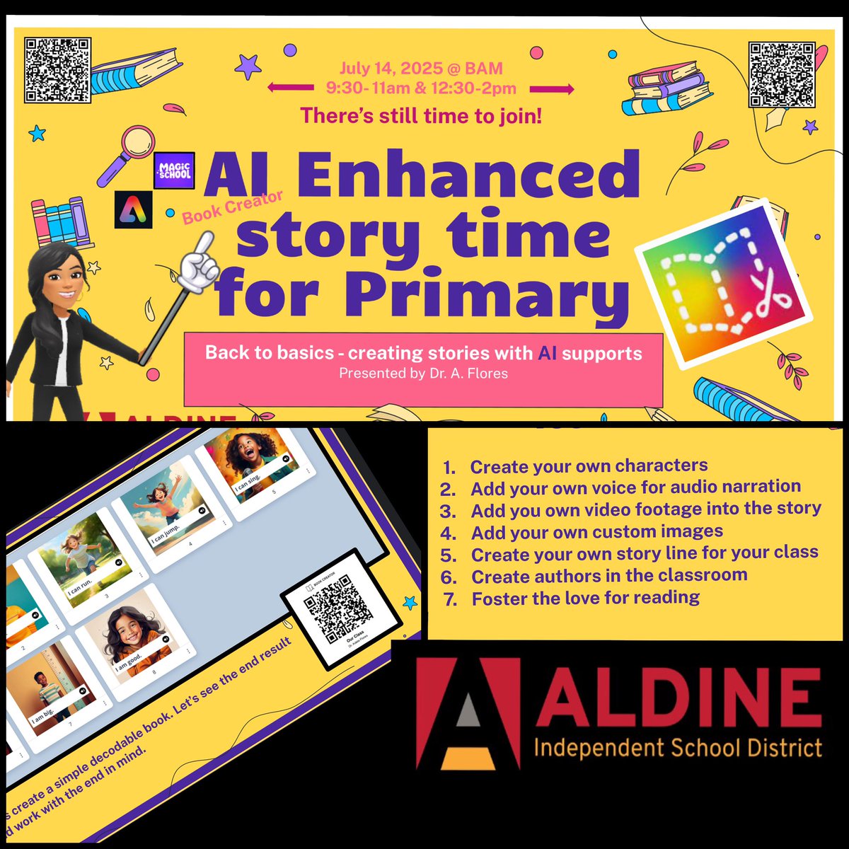 primaryliterac1's tweet image. Honored to present at #AldineImpact Primary Summer Conference; bringing another layer of AI support - Back to basics; AI Enhanced Story time for Primary. Create your own custom digital books n more for the classroom! @aniklt @gforoi @angcala @DrFavy @NickersonCierra @drgoffney