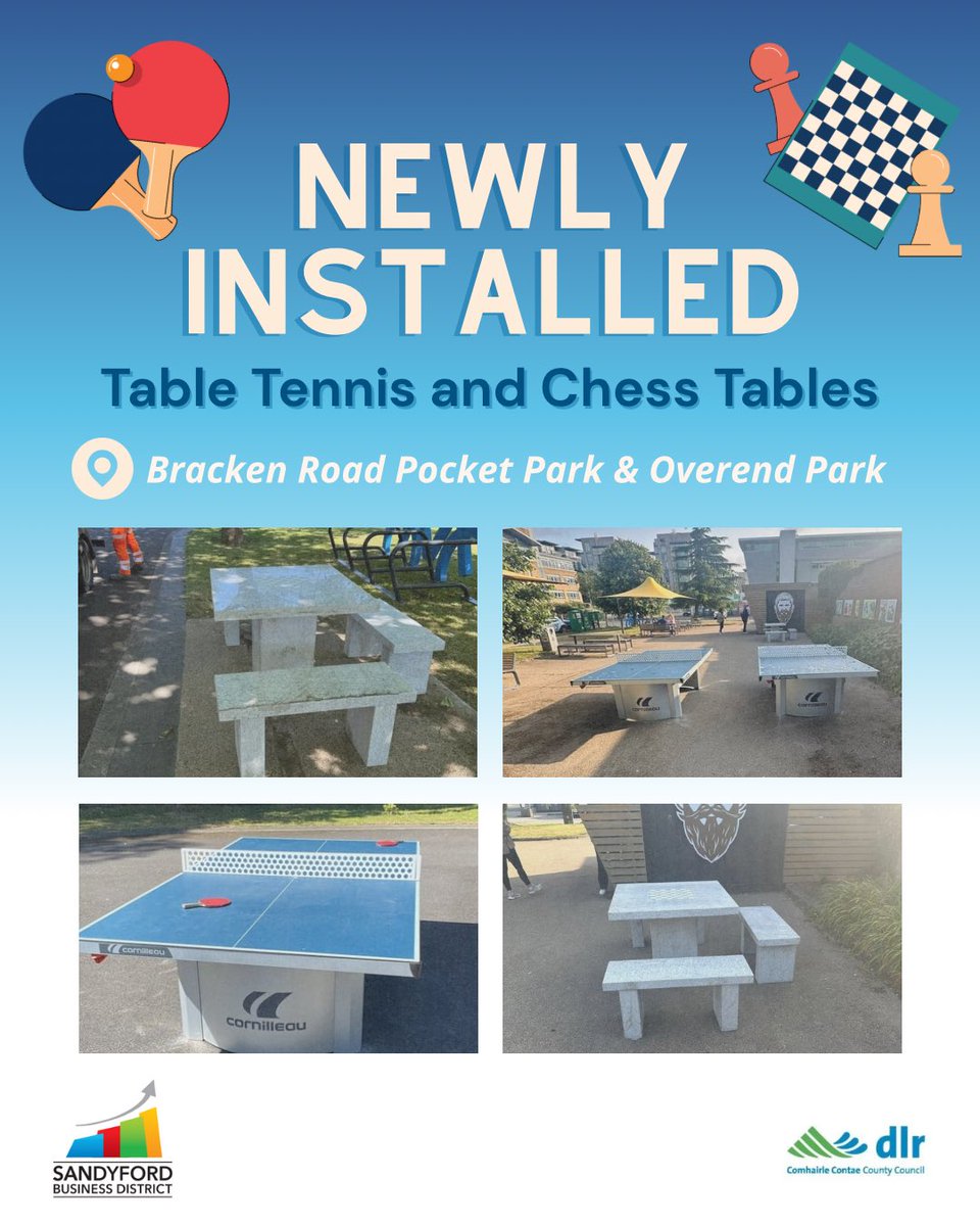SandyfordBID's tweet image. Something new has landed in The District!
Table tennis and chess tables have been added to Bracken Road Pocket Park and Overend Park. 🏓♟️
These new additions supported by @dlrcc, provide the perfect spots to have fun, connect with others, and enjoy the sunny weather.